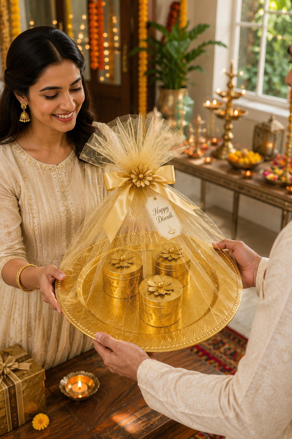 Premium All Metal Serving Tray Set with 3 Floral Containers | Decorative Dry Fruit, Sweet & Mukhwas Platter | Luxury Gold Pooja, Festive Gift Hamper & Home Décor Serving Set
