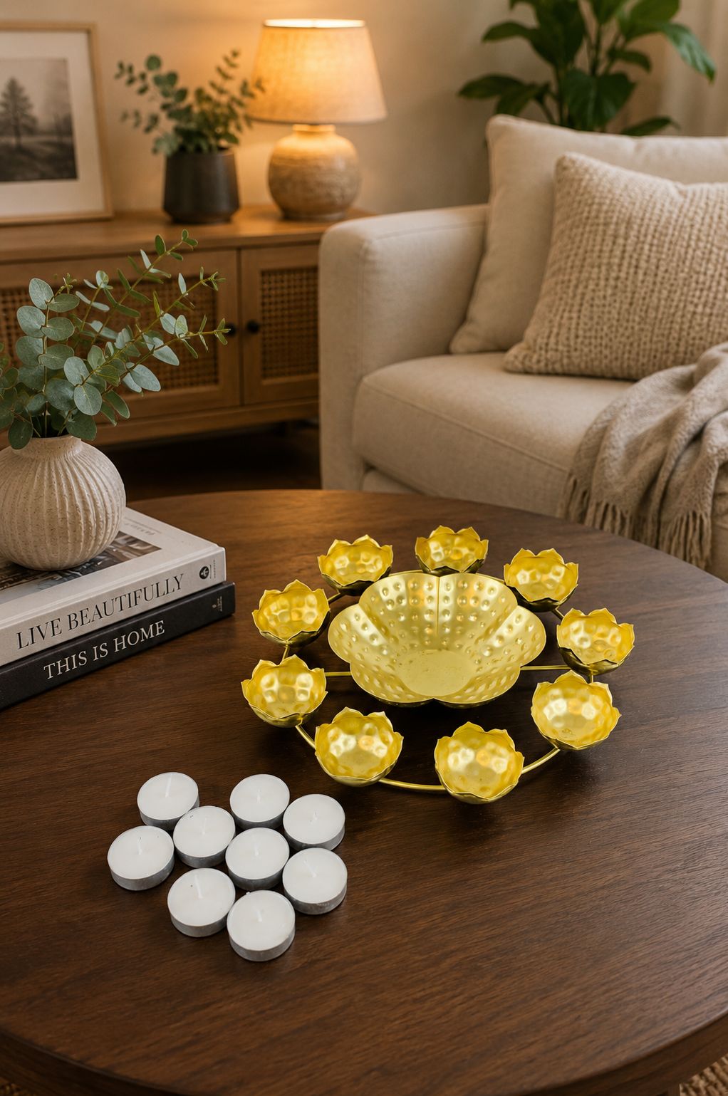 Premium Lotus Urli Bowl with 8 Tea Light Holders | Hammered Metal Decorative Floating Flower Bowl | Gold Finish Centerpiece for Diwali, Pooja, Weddings, Festivals, Home Décor & Gifting