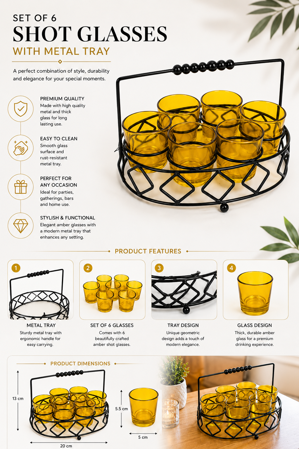 Premium Shot Glass Set of 6 with Metal Stand | 40ml Mini Whisky Vodka Tequila Glasses with Wooden Handle Carrier | Dhaba Style Serving Set for Home Bar & Parties
