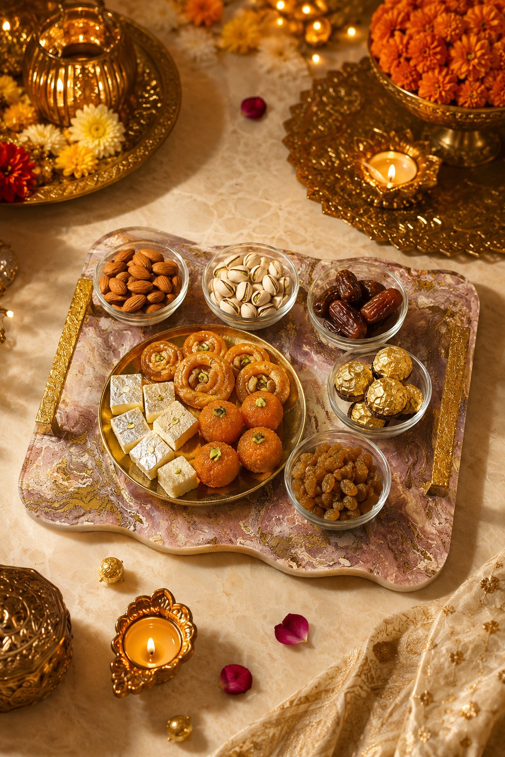 Premium Marble Design MDF Serving Tray with Gold Handles & 2 Glass Bowls | Decorative Multipurpose Snack Serving Platter | Luxury Tea Coffee Serving Board for Home, Parties & Gifting