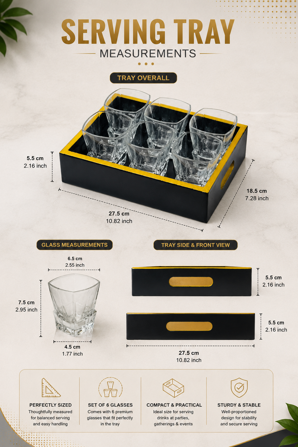 Premium Square Whiskey Glass Set with MDF Serving Tray | 6 Crystal Clear Heavy Base Drinking Glasses for Whisky, Scotch, Cocktails, Juice & Water | Elegant Drinkware Gift Set for Home Bar