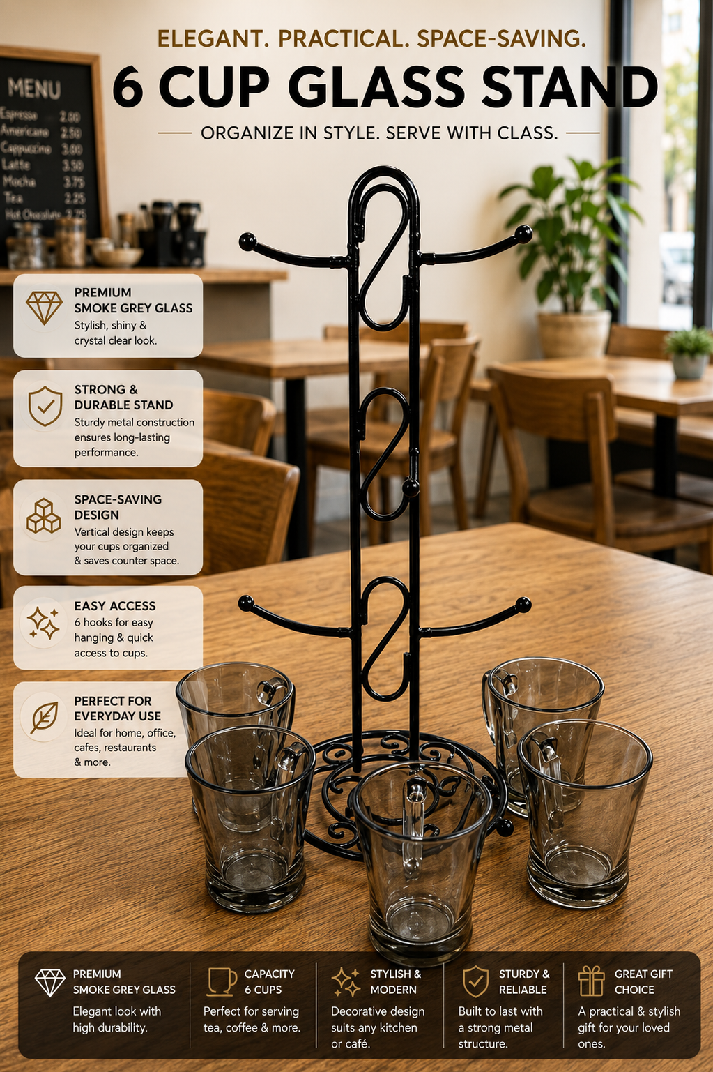 Premium Smokey Glass Mug Set Of 6 With Metal Stand | Transparent Borosilicate Coffee & Tea Cups With Holder | Space Saving Mug Stand For Kitchen & Home