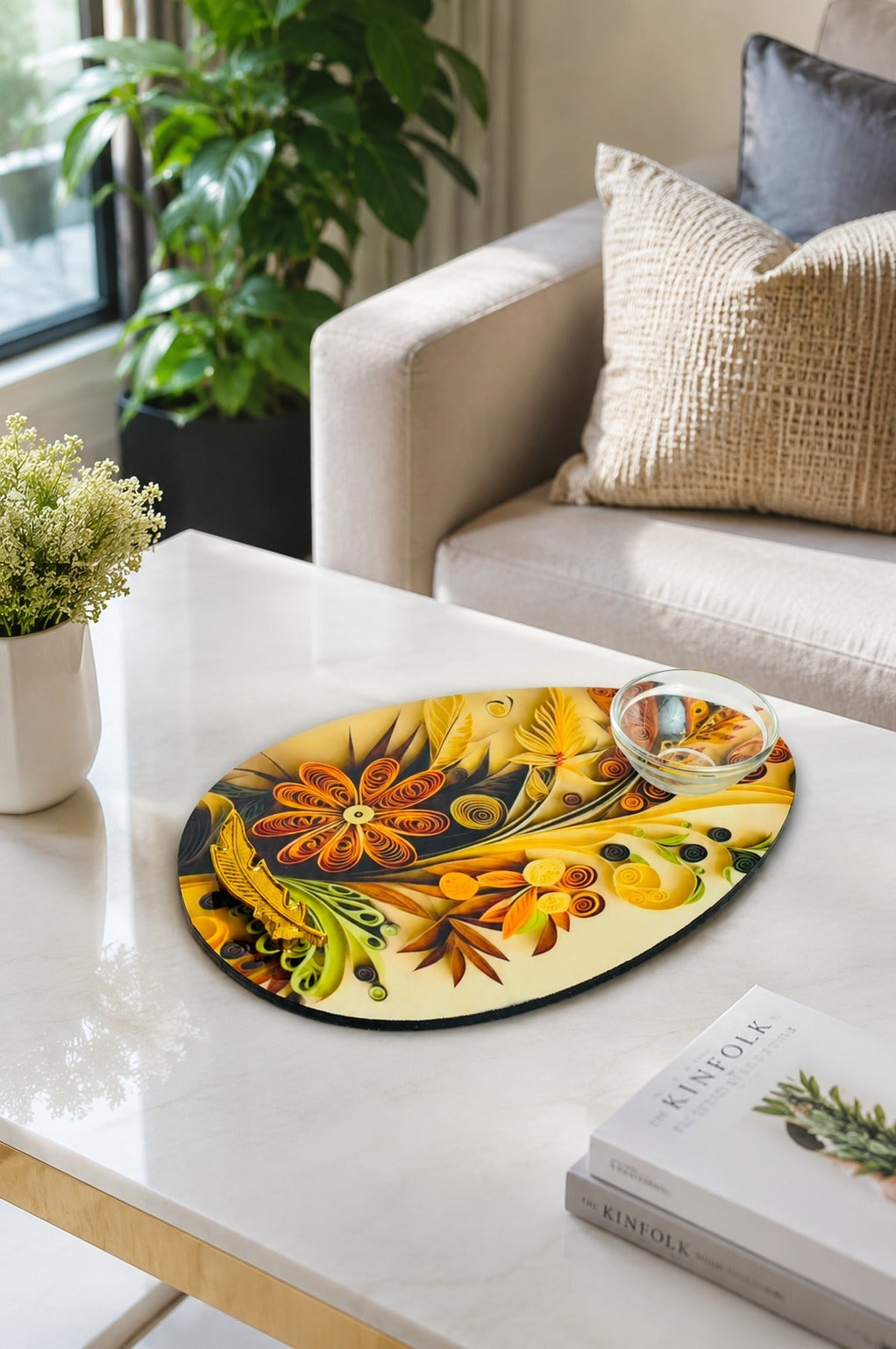 Premium MDF Snack Serving Platter with 2 Glass Dip Bowls | Decorative Serving Tray with Gold Feather Handles | Multipurpose Food Serving Board for Samosa, Momos, Fries, Nachos, Pizza & Snacks (Copy)