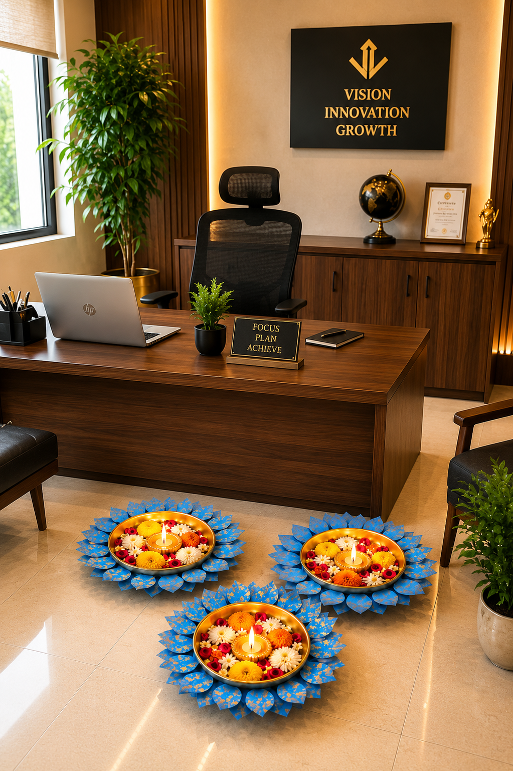 Decorative Lotus Metal Urli Bowl Set for Floating Flowers & Candles | Designer Festival & Entrance Decor (Set of 3, Blue & Gold)