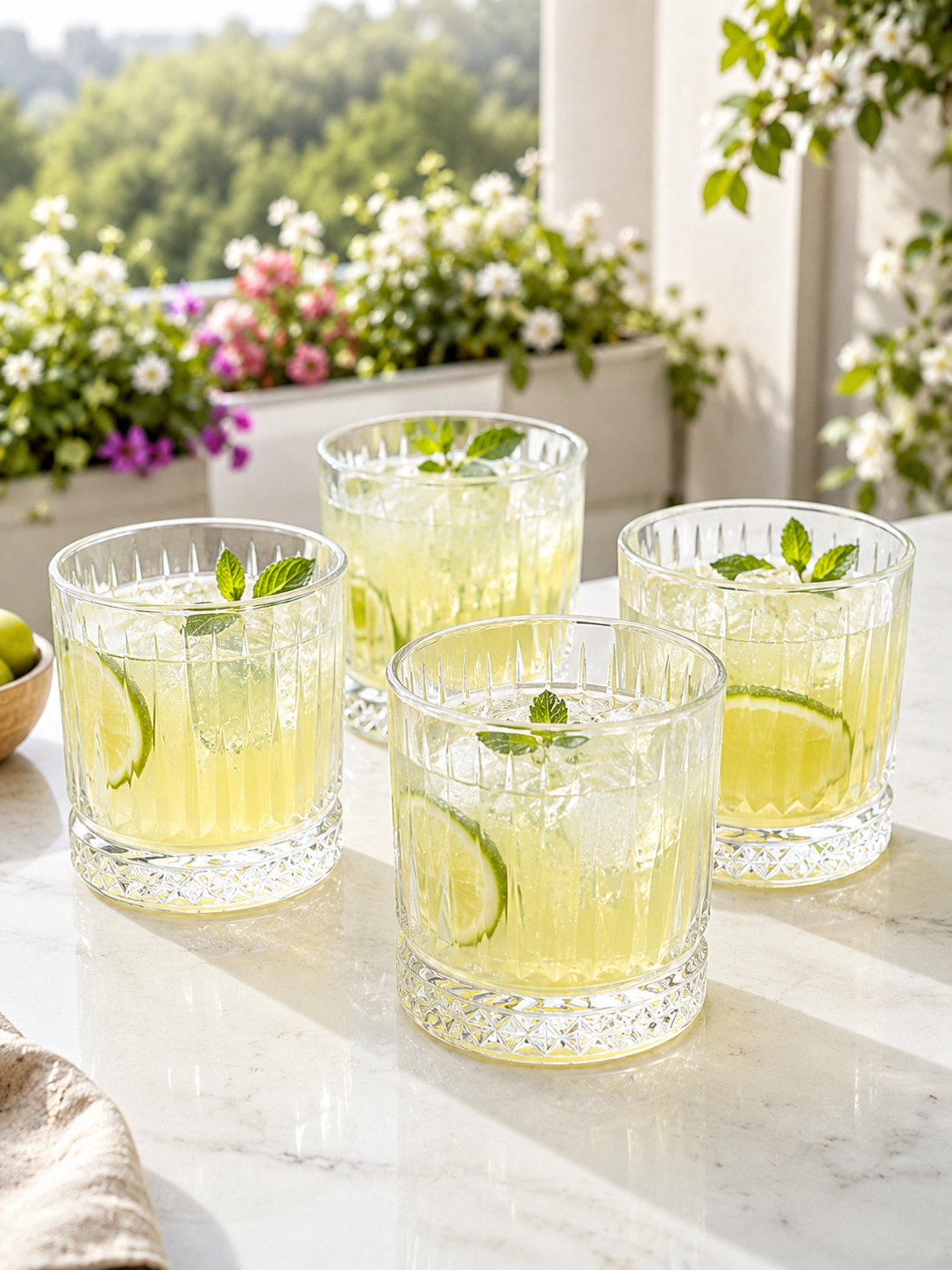 Premium Metal Serving Tray with 4 Crystal Glasses | Round Beverage Serving Set with Decorative Cutout Design & Side Handles | Tea, Juice, Water & Cocktail Glass Set for Home, Dining & Gifting