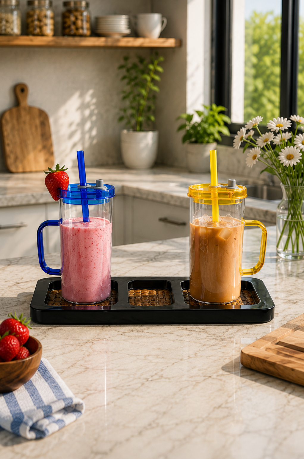 Double Wall Juice Glass Set Of 2 With Lid & Straw With MDF Serving Tray | Square Transparent Drink Glasses For Juice Water Cold Coffee Smoothies