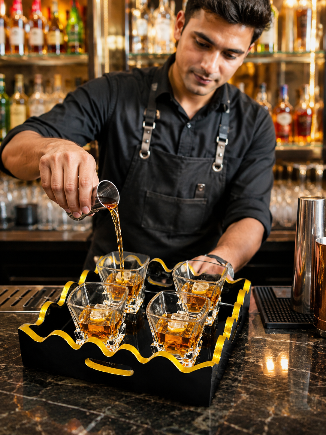 Premium Square Crystal Glass Set with Decorative MDF Serving Tray | 4 Heavy Base Drinking Glasses with Luxury Black & Gold Tray | Whisky, Juice, Water, Cocktails & Gift Set for Home Bar