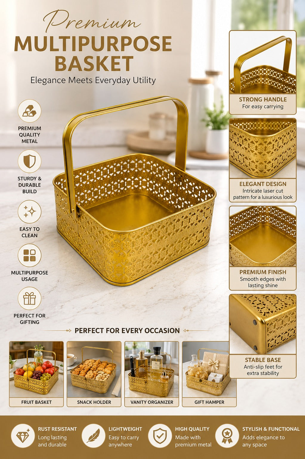 Premium Golden Metal Gift Basket with Handle | Large Decorative Storage Basket | Multipurpose Fruit Basket, Dry Fruit Hamper, Pooja Basket & Home Organizer
