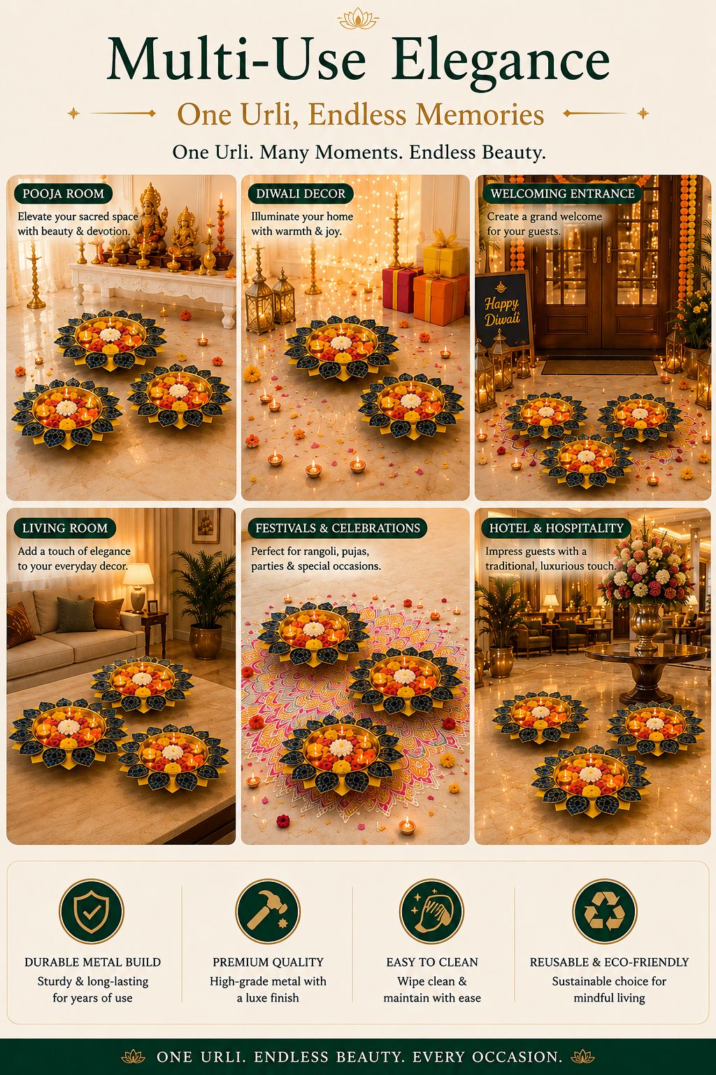 Premium Set of 3 Decorative Metal Urli Bowls with Mosaic Glass Petals | Floating Flower Bowl for Candles, Water Décor & Rangoli | Decorative Urli for Diwali, Pooja, Wedding, Festivals & Home Decoration