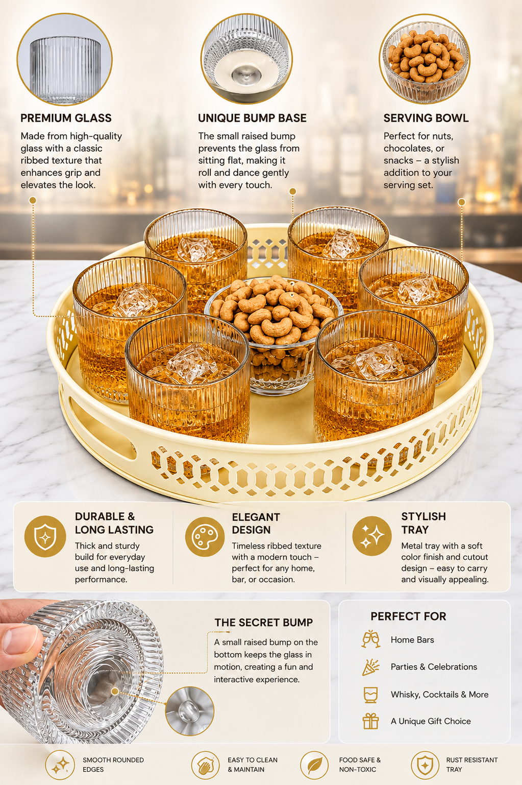 Premium Dancing Glass Serving Set with Round Metal Tray | 6 Self-Balancing Rocking Glasses & 1 Crystal Snack Bowl | Beverage Serving Set for Whisky, Cocktails, Juice, Tea & Home Entertaining