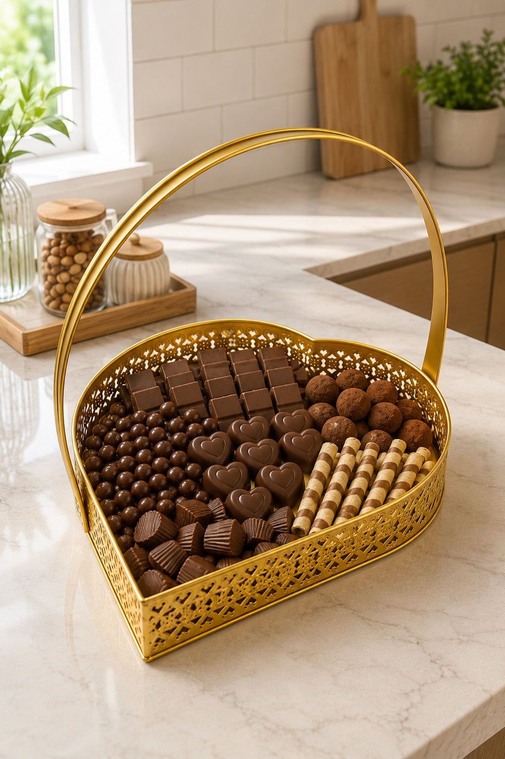 Premium Extra Large Heart-Shaped Metal Gift Hamper Basket with Handle | Decorative Gold Serving Tray for Dry Fruits, Chocolates, Gifts & Festive Hampers | Luxury Organizer for Home Décor, Weddings & Diwali