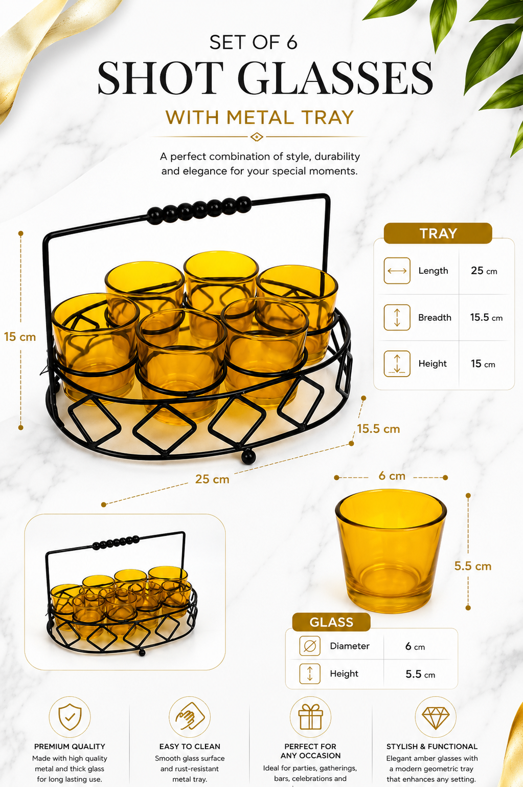 Premium Shot Glass Set of 6 with Metal Stand | 40ml Mini Whisky Vodka Tequila Glasses with Wooden Handle Carrier | Dhaba Style Serving Set for Home Bar & Parties