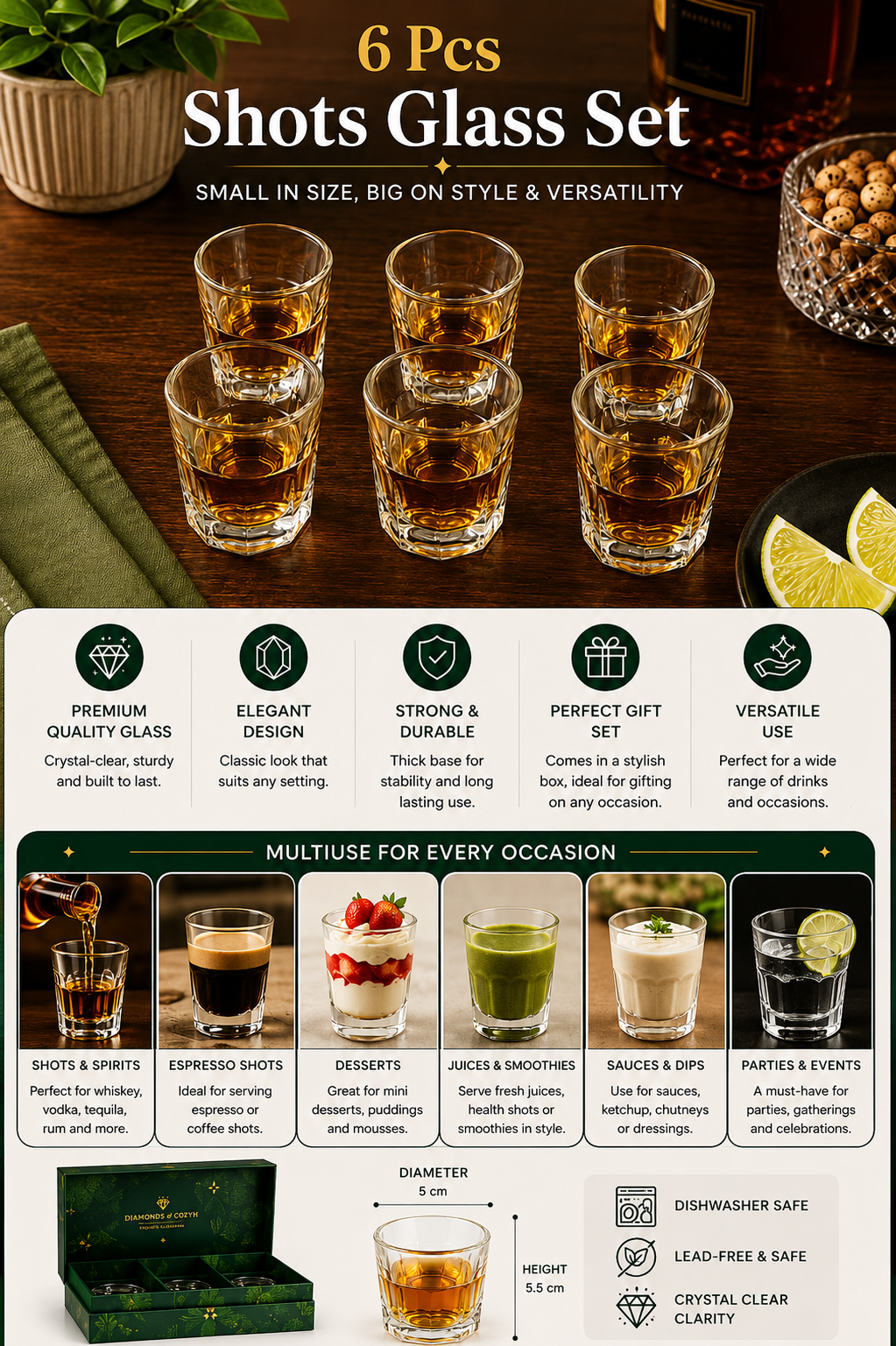 Premium Shot Glass Set with Decorative Storage Tray | 6 Heavy Base Shot Glasses for Whiskey, Tequila, Vodka, Rum & Espresso Shots | Crystal Clear Glass Drinkware Gift Set for Home Bar & Parties