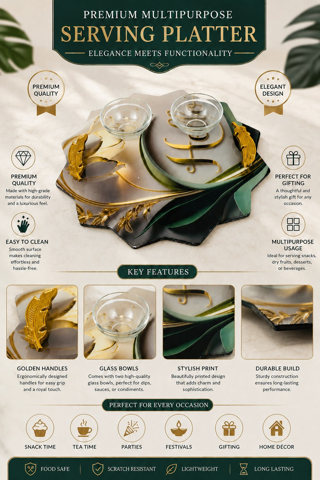 Premium Multipurpose Serving Tray with 2 Glass Bowls & Gold Handles | Decorative MDF Snack Serving Platter | Printed Serving Board for Snacks, Dry Fruits, Desserts & Tea Time