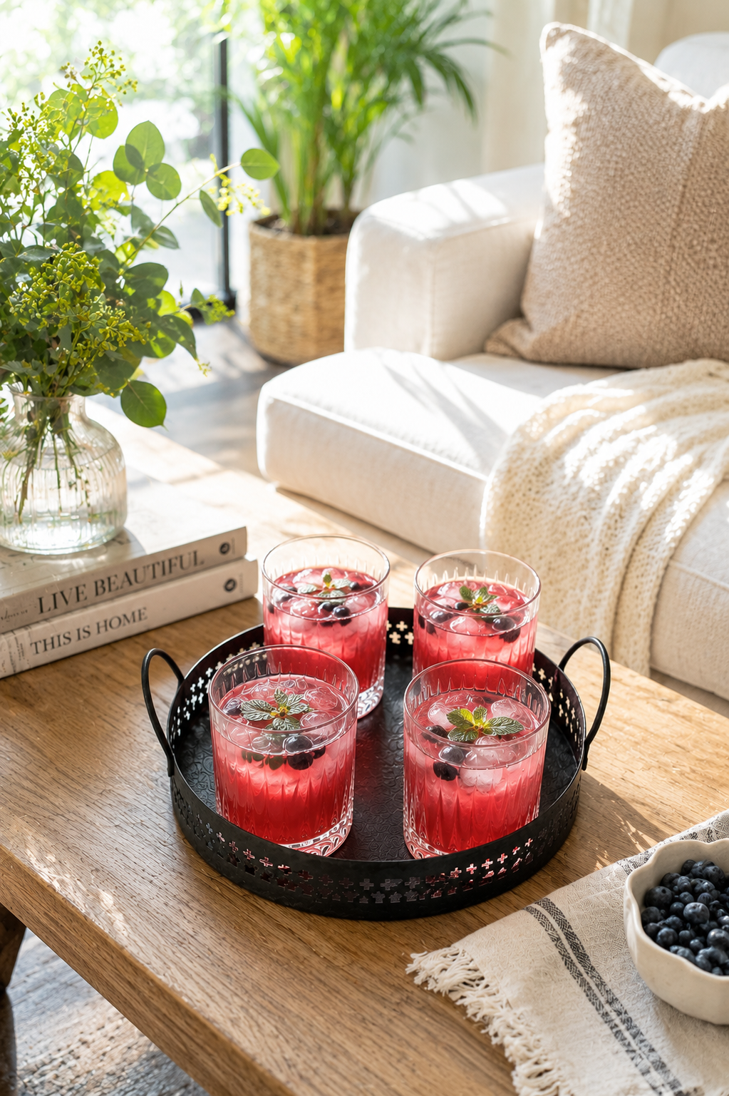 Premium Metal Serving Tray with 4 Crystal Glasses | Round Beverage Serving Set with Decorative Cutout Design & Side Handles | Tea, Juice, Water & Cocktail Glass Set for Home, Dining & Gifting