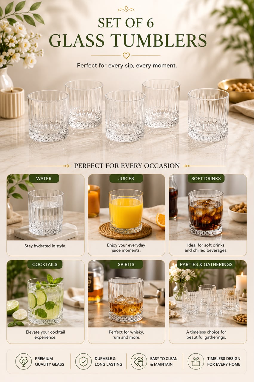 Premium Wooden Serving Tray with 6 Glasses Set | Black & Gold Serving Tray with Premium Glass Tumblers | Tea, Juice, Whisky, Water, Cocktail & Mocktail Serving Set | Home, Office, Party & Gift