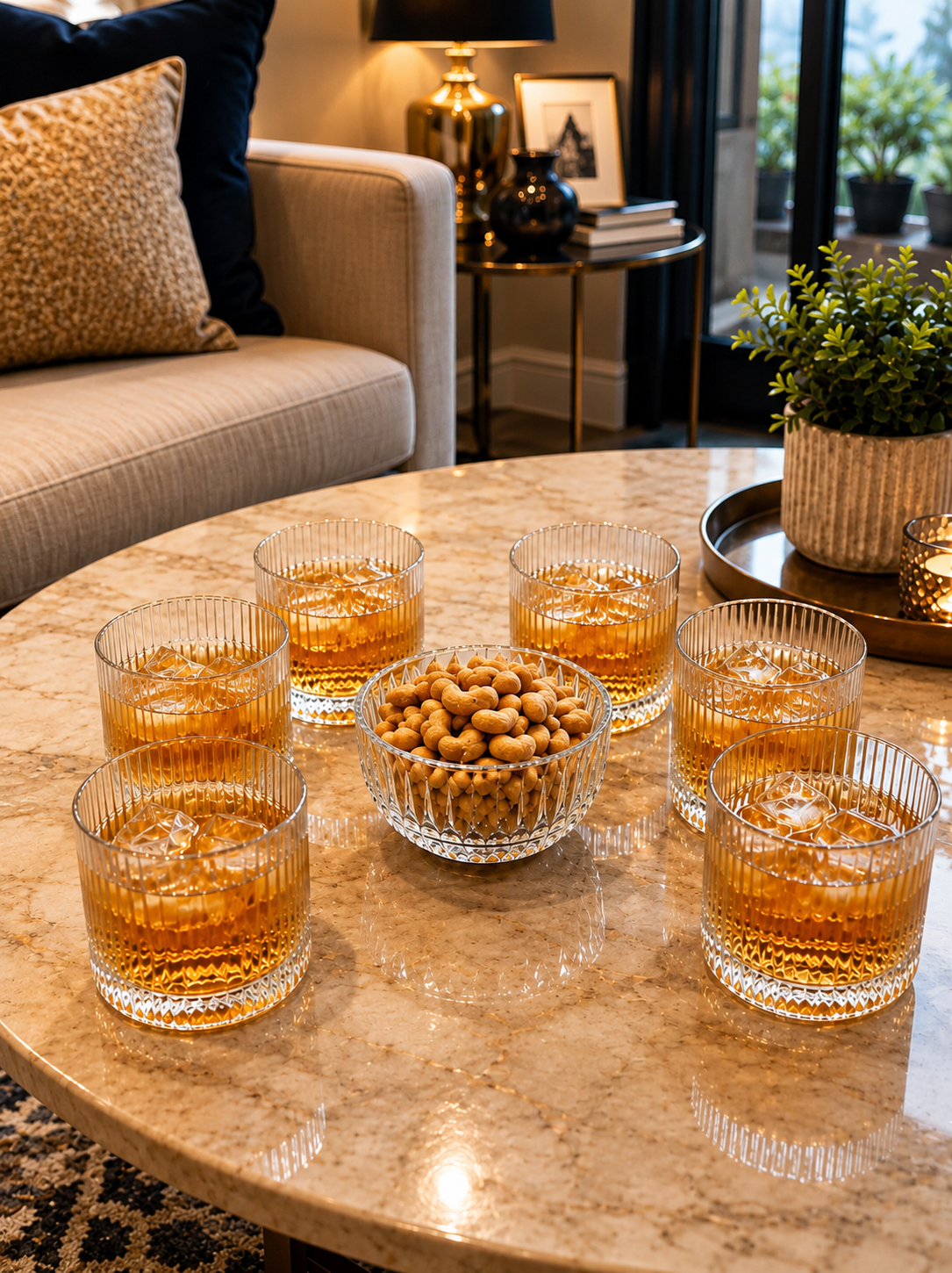 Premium Dancing Glass Serving Set with Round Metal Tray | 6 Self-Balancing Rocking Glasses & 1 Crystal Snack Bowl | Beverage Serving Set for Whisky, Cocktails, Juice, Tea & Home Entertaining
