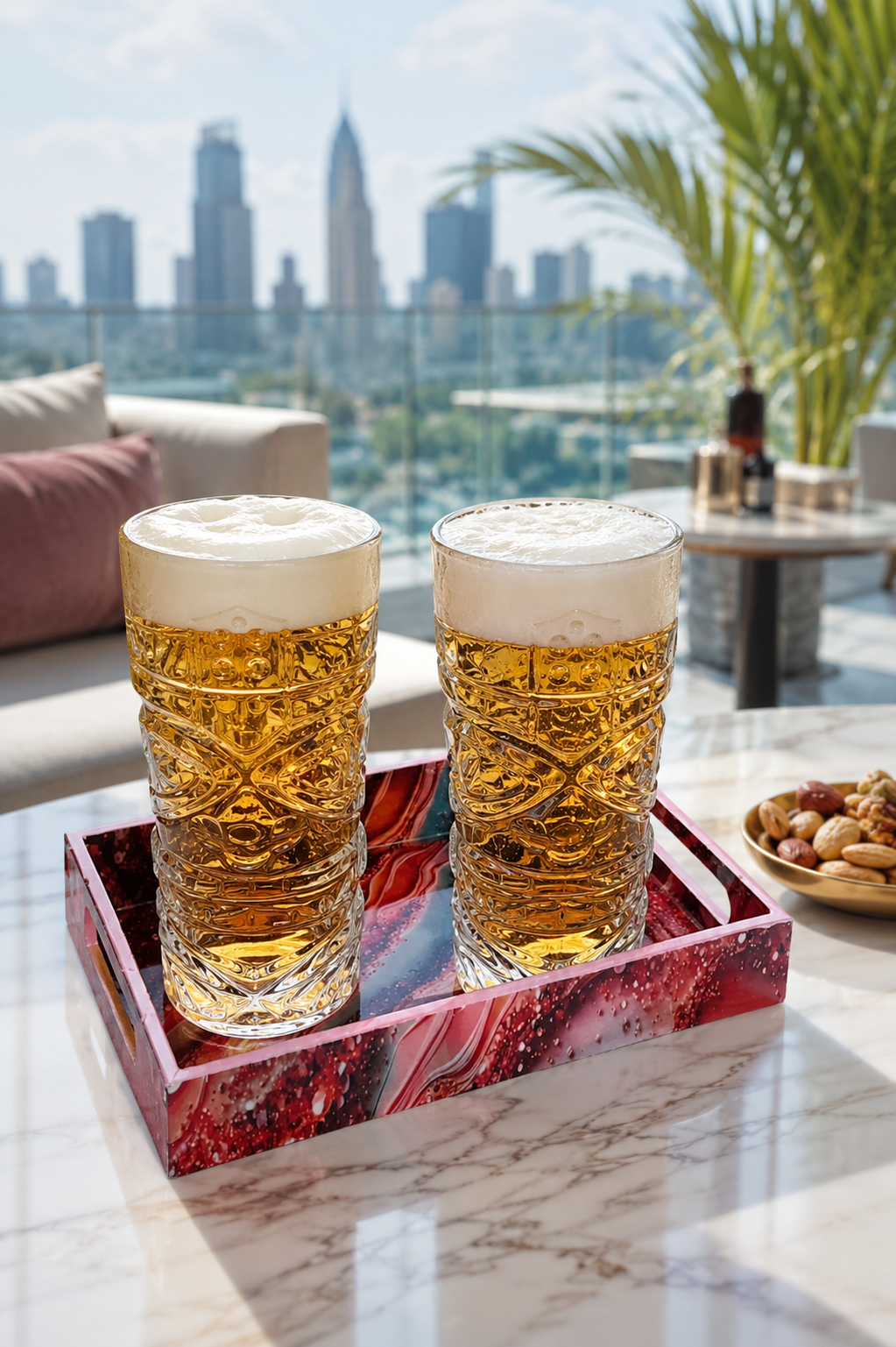 Premium Beer Glass Set with Decorative MDF Serving Tray | 2 Crystal Clear Tall Beer Glasses with Marble Finish Tray | Heavy Drinking Glasses for Beer, Juice, Soft Drinks & Home Bar Gift Set