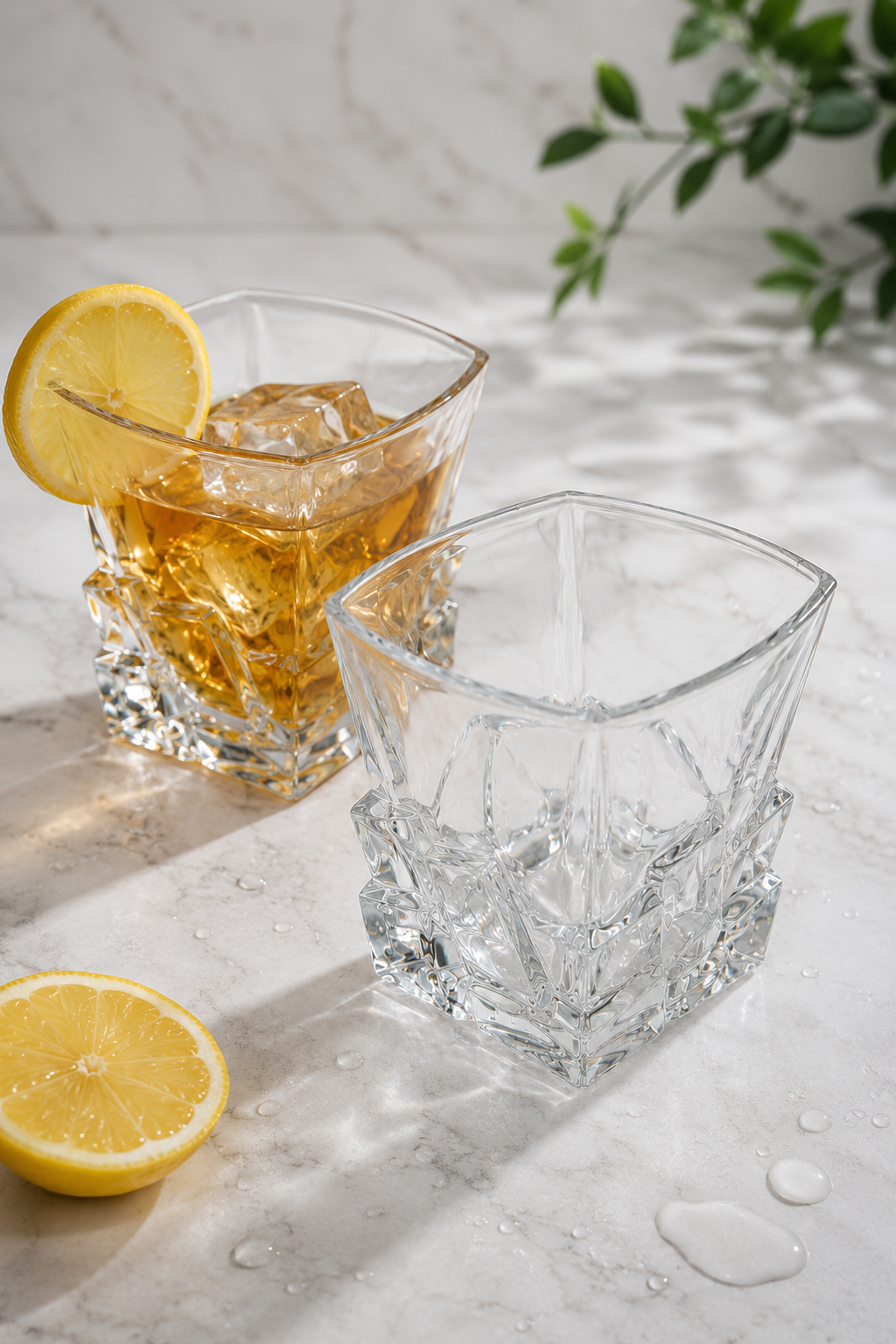 Premium Square Crystal Glass Set with Decorative MDF Serving Tray | 4 Heavy Base Drinking Glasses with Luxury Black & Gold Tray | Whisky, Juice, Water, Cocktails & Gift Set for Home Bar