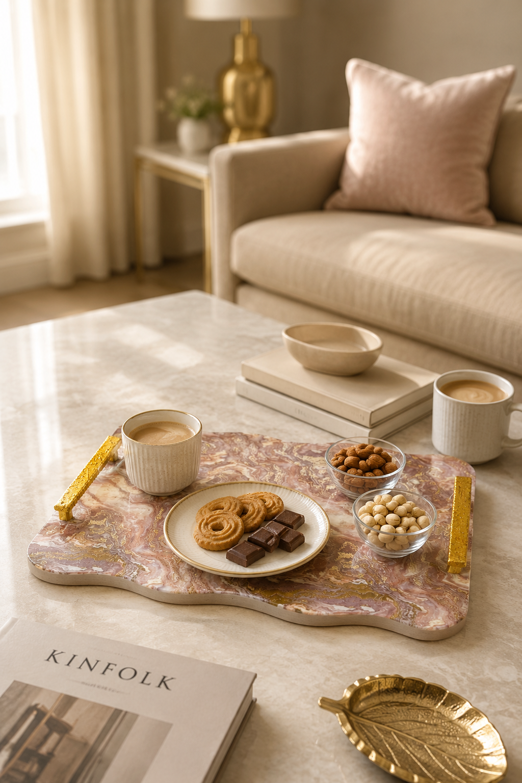 Premium Marble Design MDF Serving Tray with 2 Glass Bowls & Gold Handles | Decorative Multipurpose Serving Platter | Luxury Tea, Coffee, Snacks & Dry Fruit Serving Tray