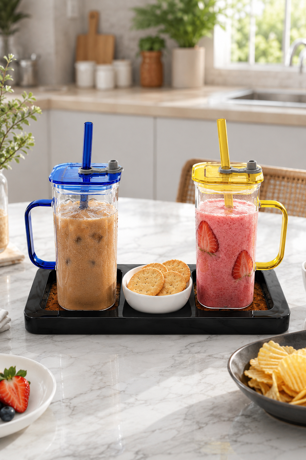Double Wall Juice Glass Set Of 2 With Lid & Straw With MDF Serving Tray | Square Transparent Drink Glasses For Juice Water Cold Coffee Smoothies
