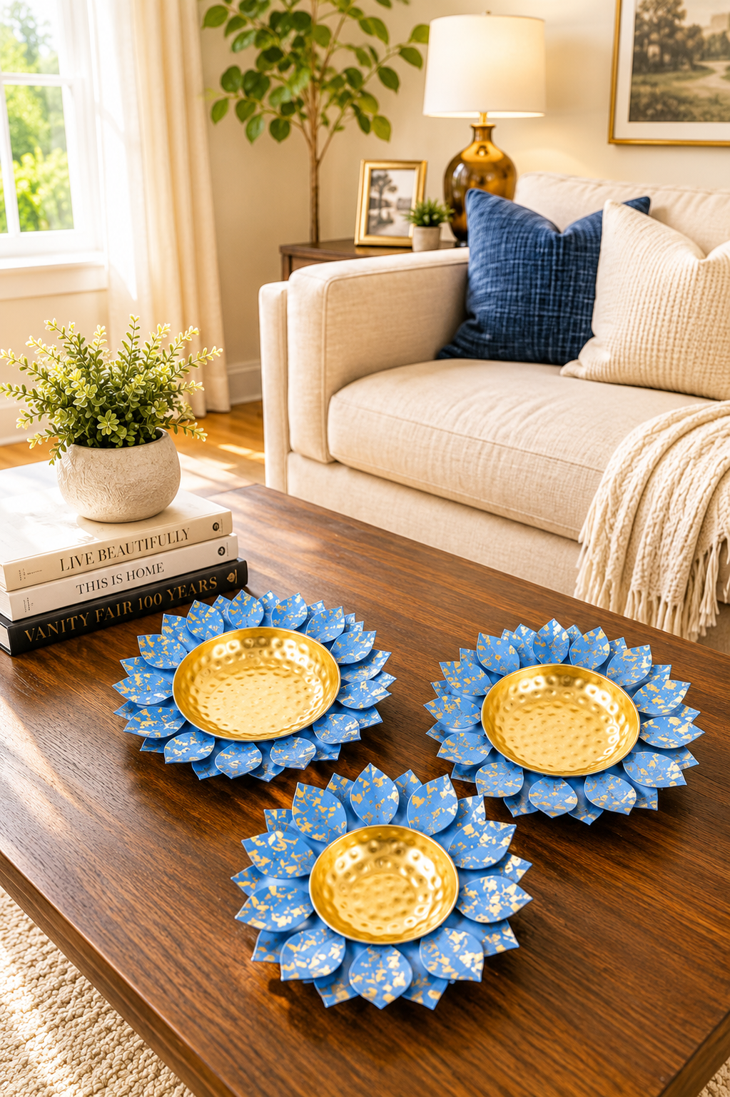 Decorative Lotus Metal Urli Bowl Set for Floating Flowers & Candles | Designer Festival & Entrance Decor (Set of 3, Blue & Gold)