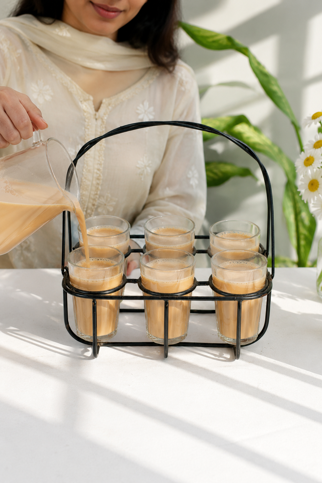 Cutting Chai Glass Set Of 6 With Metal Stand | Transparent Tea Glasses With Iron Holder | Dhaba Style Tea Serving Set For Home Kitchen & Office