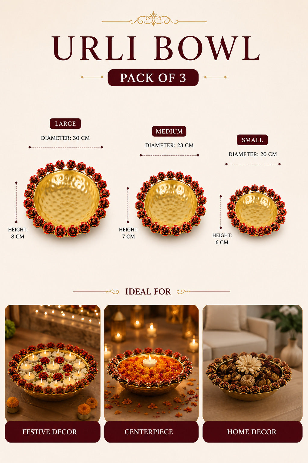 Premium Decorative Urli Bowl Set of 3 with Rose Rim Design | Hammered Metal Floating Flower Bowls for Water, Candles & Tea Lights | Diwali, Pooja, Wedding, Festival & Home Décor Centerpiece