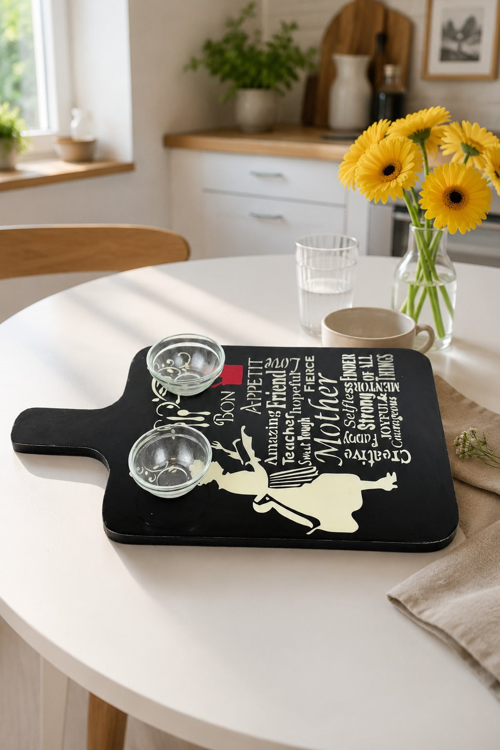 Premium MDF Serving Platter with Handle | Wooden Snack & Pizza Serving Board | Serving Tray with 2 Glass Dip Bowls | Cheese, Burger, Fries & Appetizer Platter | 44 x 25 cm