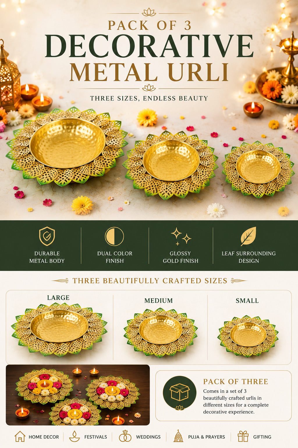 Decorative Lotus Metal Urli Bowl Set for Floating Flowers & Candles | Designer Festival & Home Decor (Set of 3, Green & Gold)