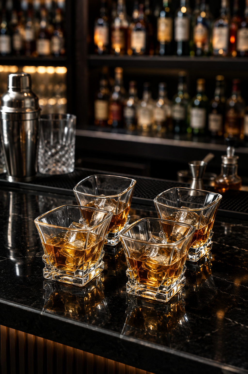 Premium Square Crystal Glass Set with Decorative MDF Serving Tray | 4 Heavy Base Drinking Glasses with Luxury Black & Gold Tray | Whisky, Juice, Water, Cocktails & Gift Set for Home Bar