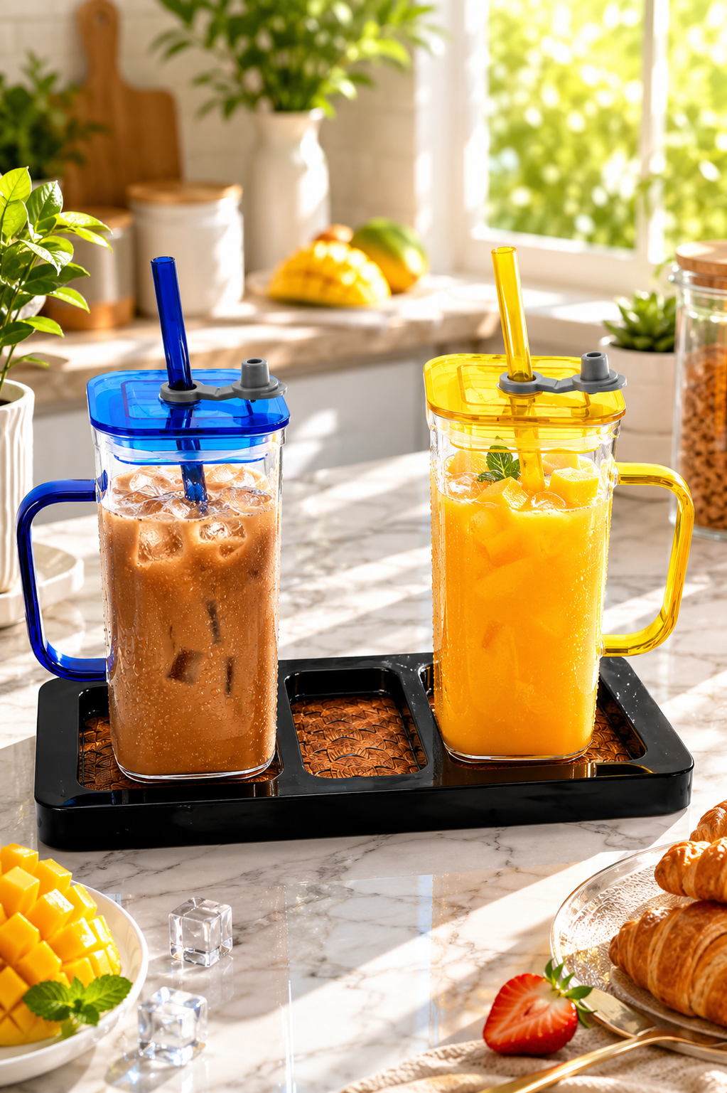 Double Wall Juice Glass Set Of 2 With Lid & Straw With MDF Serving Tray | Square Transparent Drink Glasses For Juice Water Cold Coffee Smoothies
