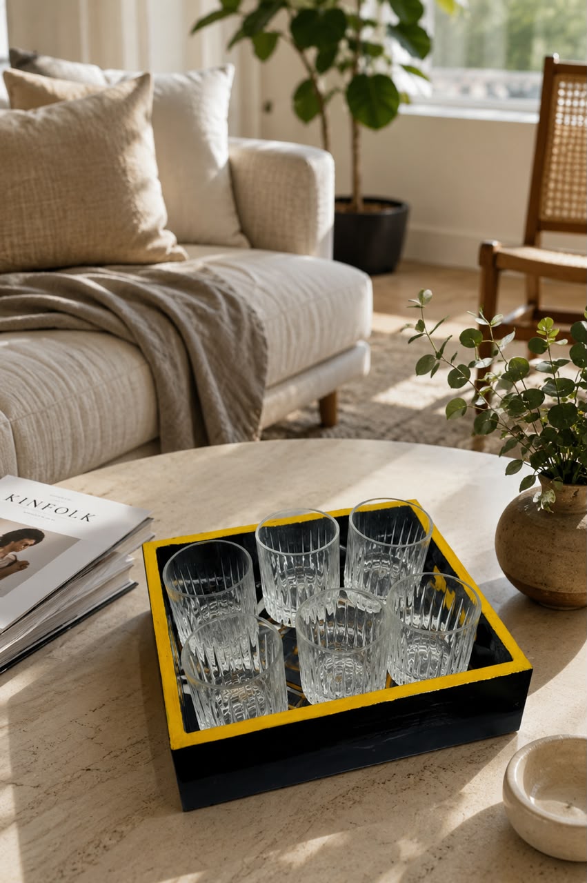 Premium Wooden Serving Tray with 6 Glasses Set | Black & Gold Serving Tray with Premium Glass Tumblers | Tea, Juice, Whisky, Water, Cocktail & Mocktail Serving Set | Home, Office, Party & Gift