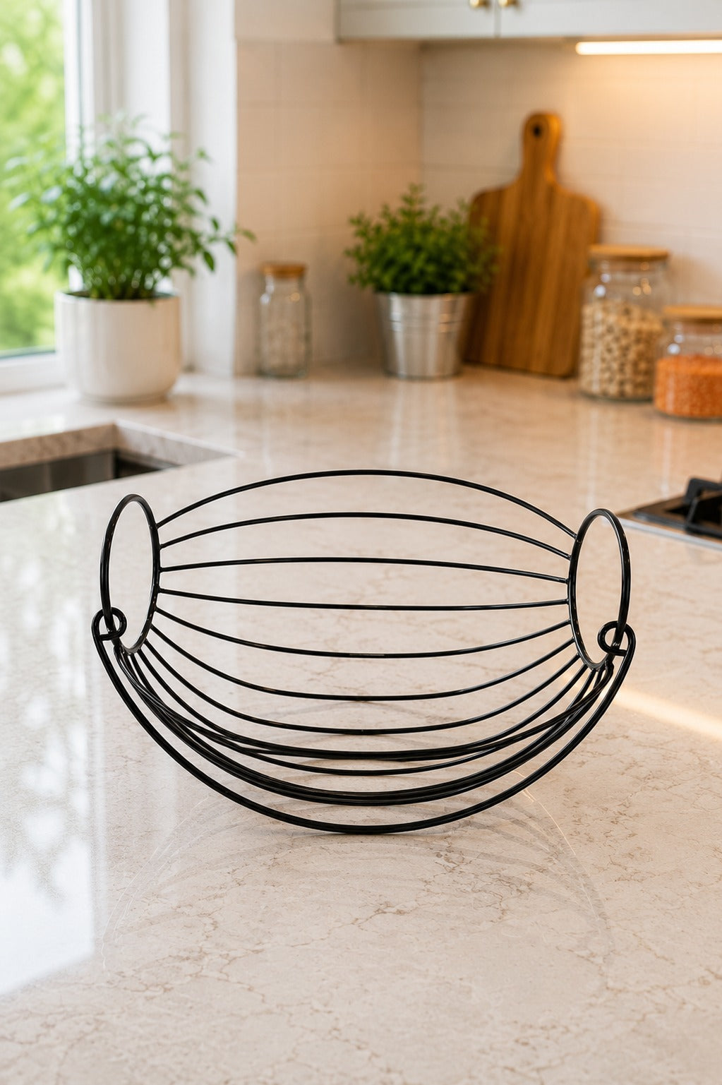 Modern Metal Fruit & Vegetable Basket | Large Round Wire Storage Basket with Handle | Kitchen & Dining Organizer