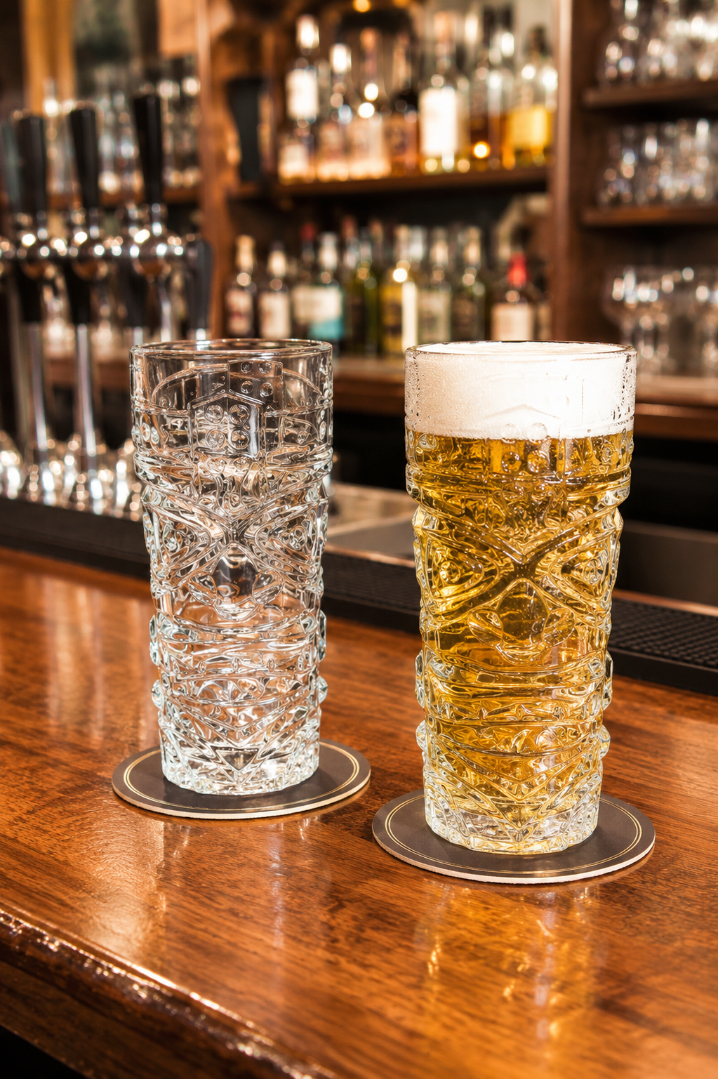 Premium Beer Glass Set with Decorative MDF Serving Tray | 2 Crystal Clear Tall Beer Glasses with Marble Finish Tray | Heavy Drinking Glasses for Beer, Juice, Soft Drinks & Home Bar Gift Set