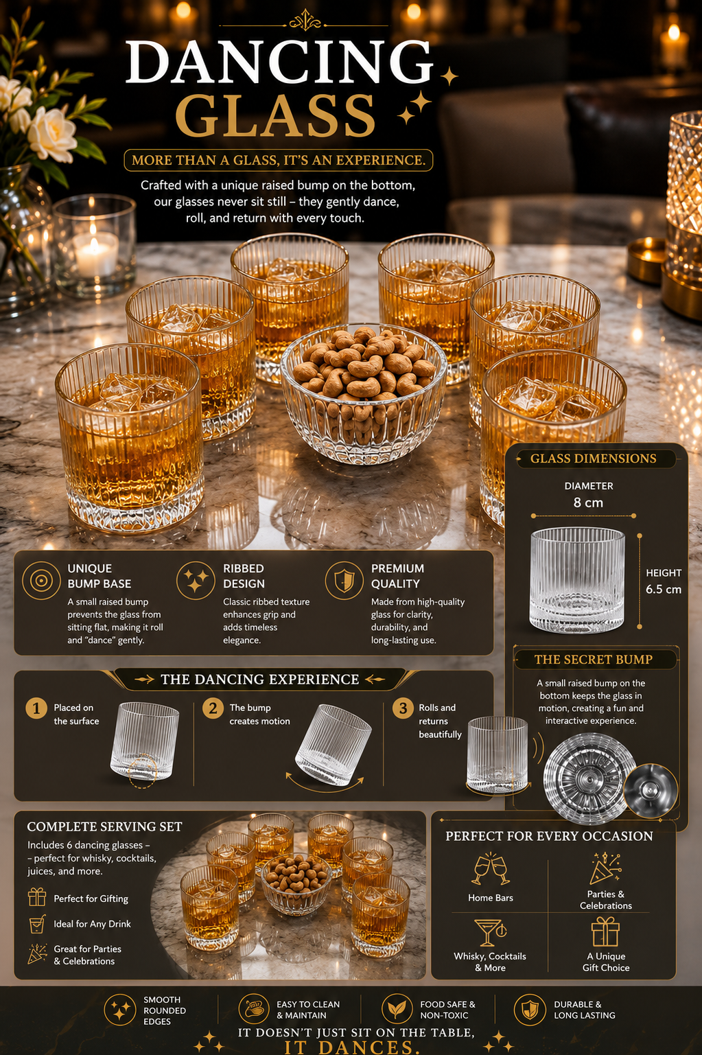 Premium Dancing Glass Serving Set with Round Metal Tray | 6 Self-Balancing Rocking Glasses & 1 Crystal Snack Bowl | Beverage Serving Set for Whisky, Cocktails, Juice, Tea & Home Entertaining