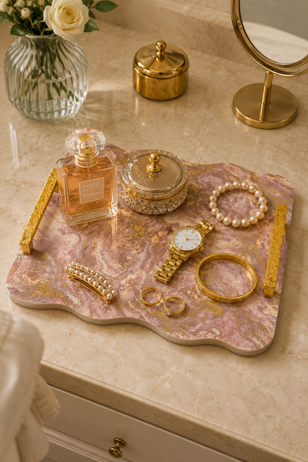 Premium Marble Design MDF Serving Tray with 2 Glass Bowls & Gold Handles | Decorative Multipurpose Serving Platter | Luxury Tea, Coffee, Snacks & Dry Fruit Serving Tray