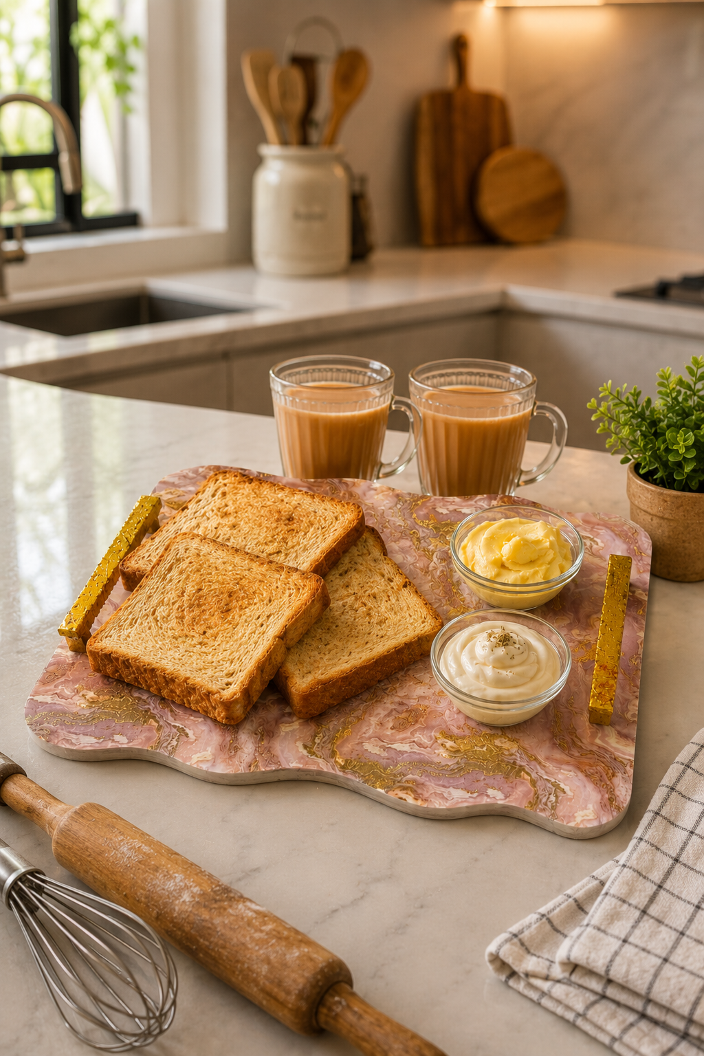 Premium Marble Design MDF Serving Tray with 2 Glass Bowls & Gold Handles | Decorative Multipurpose Serving Platter | Luxury Tea, Coffee, Snacks & Dry Fruit Serving Tray