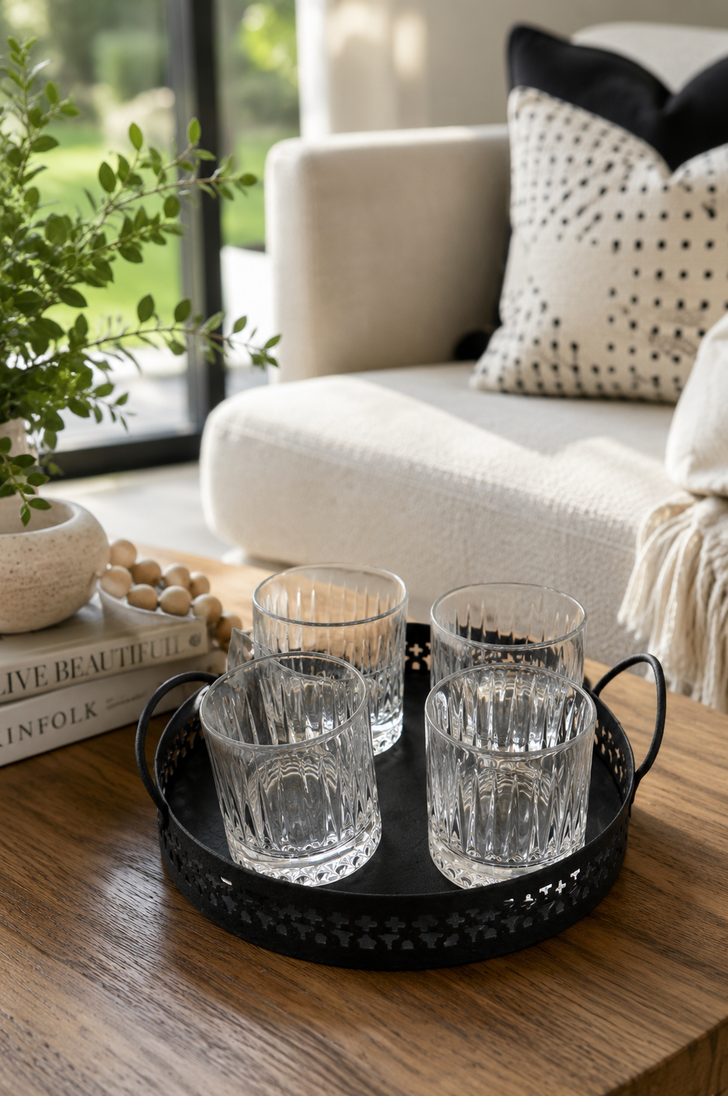 Premium Metal Serving Tray with 4 Crystal Glasses | Round Beverage Serving Set with Decorative Cutout Design & Side Handles | Tea, Juice, Water & Cocktail Glass Set for Home, Dining & Gifting