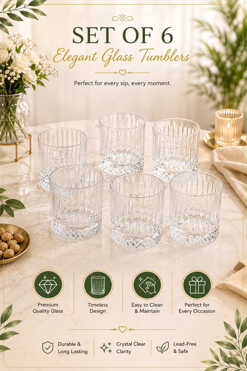 Premium Wooden Serving Tray with 6 Glasses Set | Black & Gold Serving Tray with Premium Glass Tumblers | Tea, Juice, Whisky, Water, Cocktail & Mocktail Serving Set | Home, Office, Party & Gift