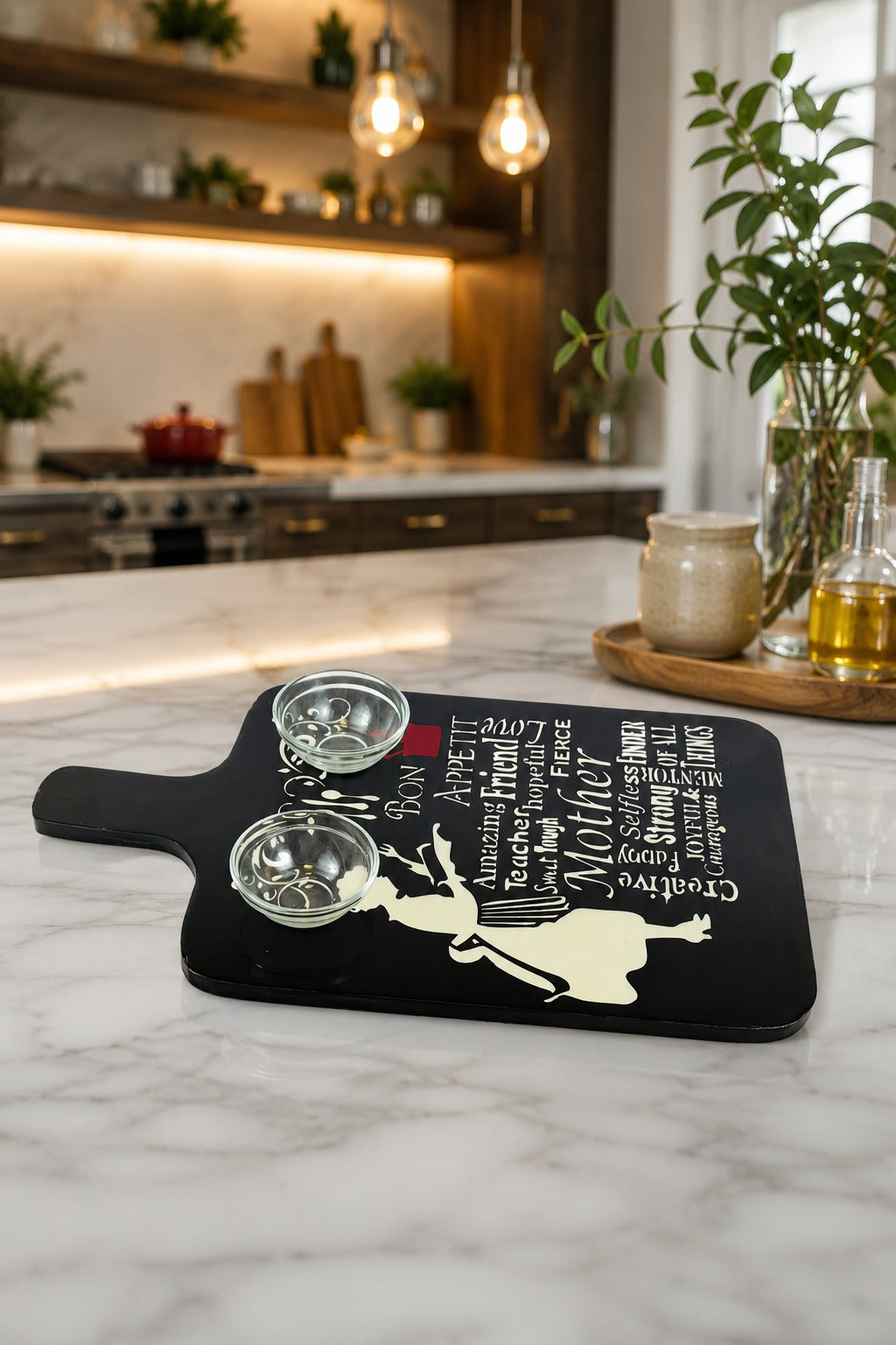 Premium MDF Serving Platter with Handle | Wooden Snack & Pizza Serving Board | Serving Tray with 2 Glass Dip Bowls | Cheese, Burger, Fries & Appetizer Platter | 44 x 25 cm