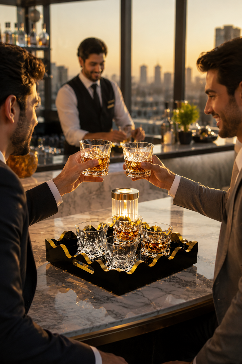 Premium Square Crystal Glass Set with Decorative MDF Serving Tray | 4 Heavy Base Drinking Glasses with Luxury Black & Gold Tray | Whisky, Juice, Water, Cocktails & Gift Set for Home Bar