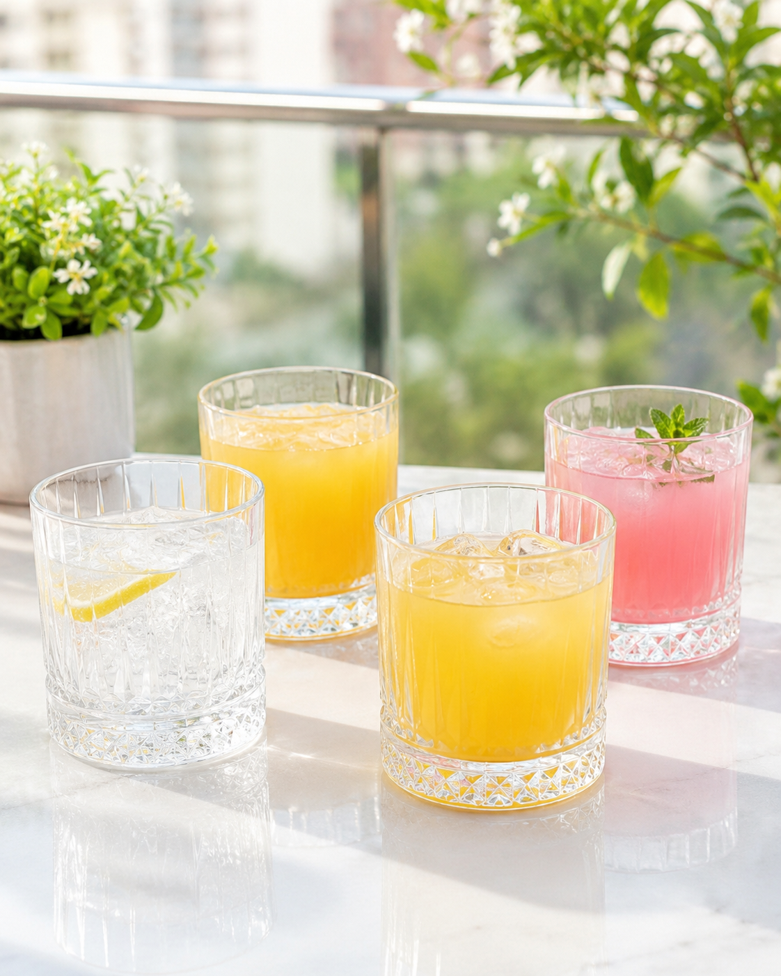 Premium Metal Serving Tray with 4 Crystal Glasses | Round Beverage Serving Set with Decorative Cutout Design & Side Handles | Tea, Juice, Water & Cocktail Glass Set for Home, Dining & Gifting