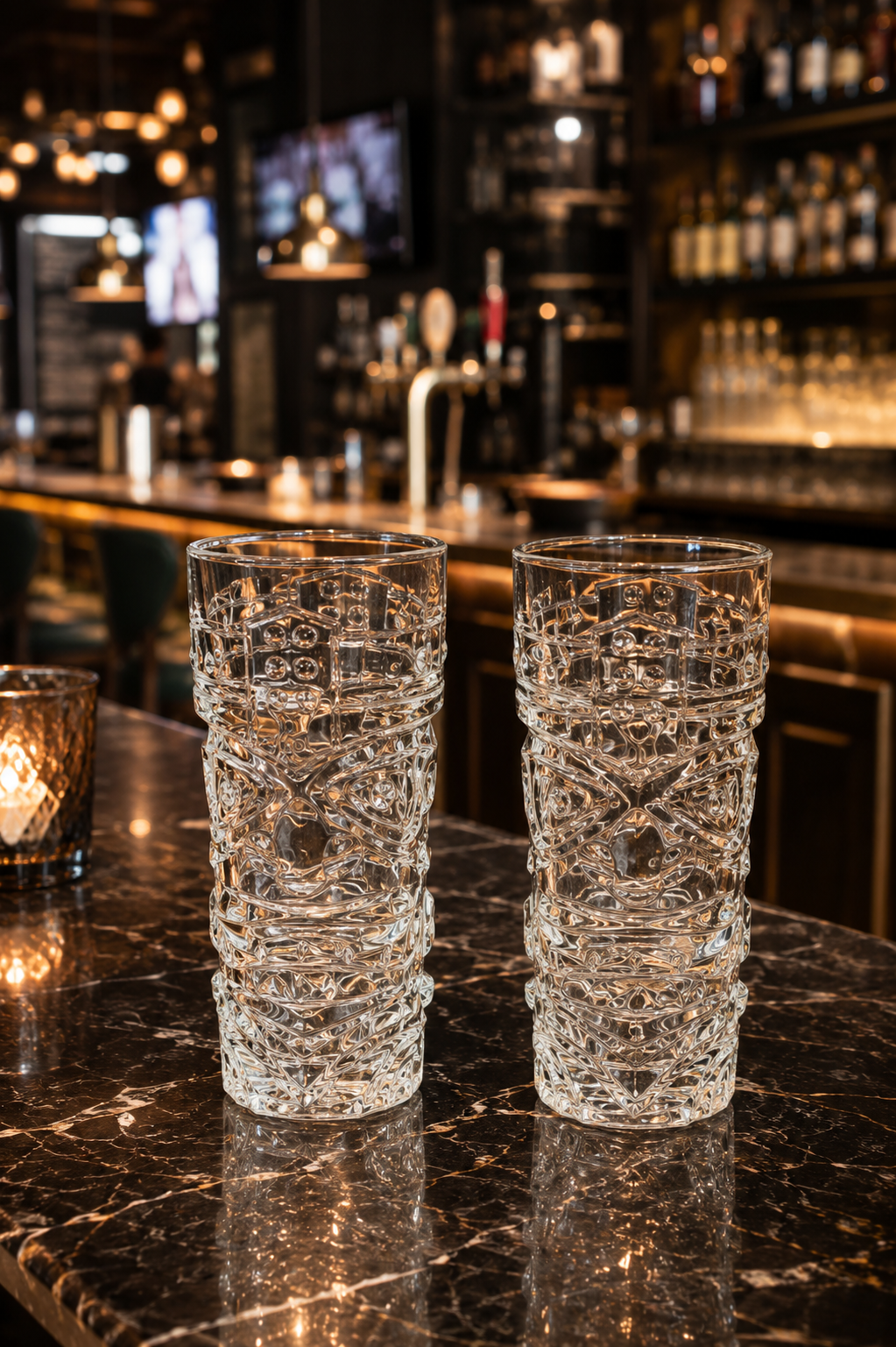 Premium Beer Glass Set with Decorative MDF Serving Tray | 2 Crystal Clear Tall Beer Glasses with Marble Finish Tray | Heavy Drinking Glasses for Beer, Juice, Soft Drinks & Home Bar Gift Set