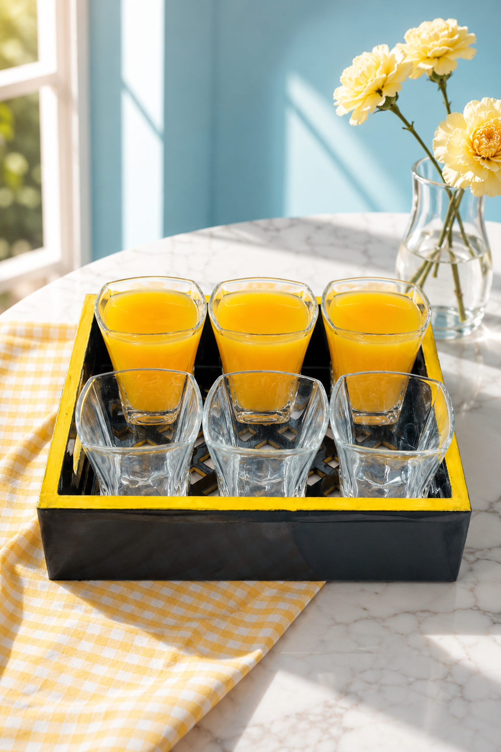 Premium Square Whiskey Glass Set with MDF Serving Tray | 6 Crystal Clear Heavy Base Drinking Glasses for Whisky, Scotch, Cocktails, Juice & Water | Elegant Drinkware Gift Set for Home Bar