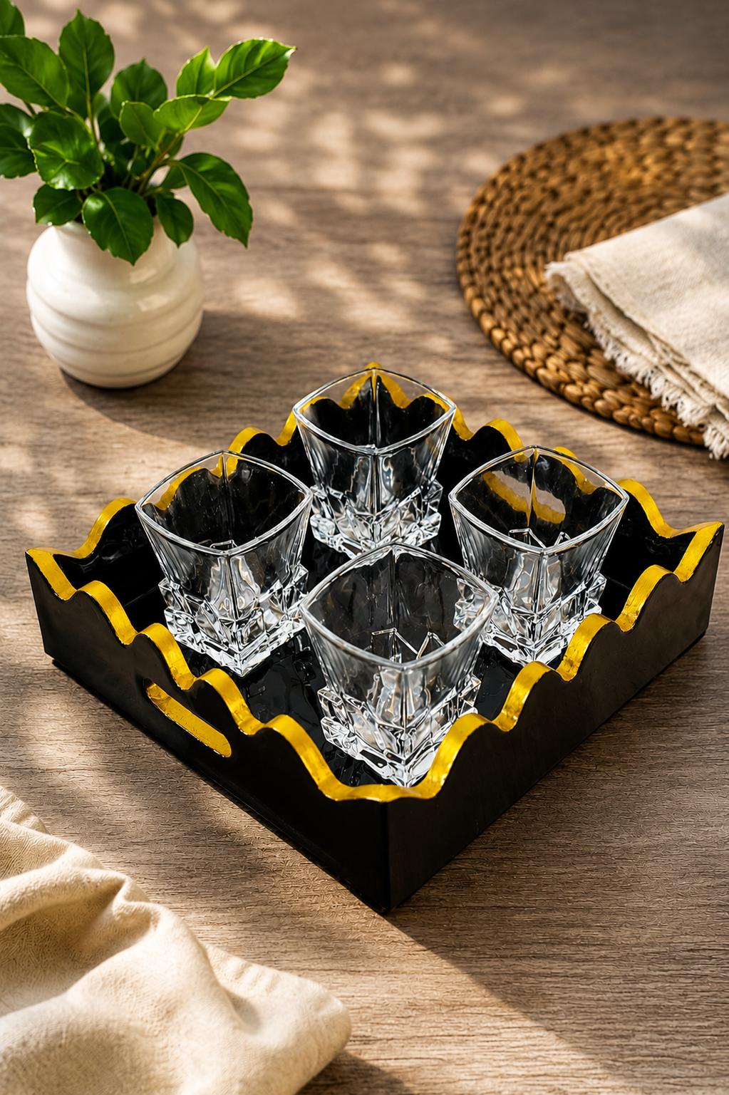 Premium Square Crystal Glass Set with Decorative MDF Serving Tray | 4 Heavy Base Drinking Glasses with Luxury Black & Gold Tray | Whisky, Juice, Water, Cocktails & Gift Set for Home Bar