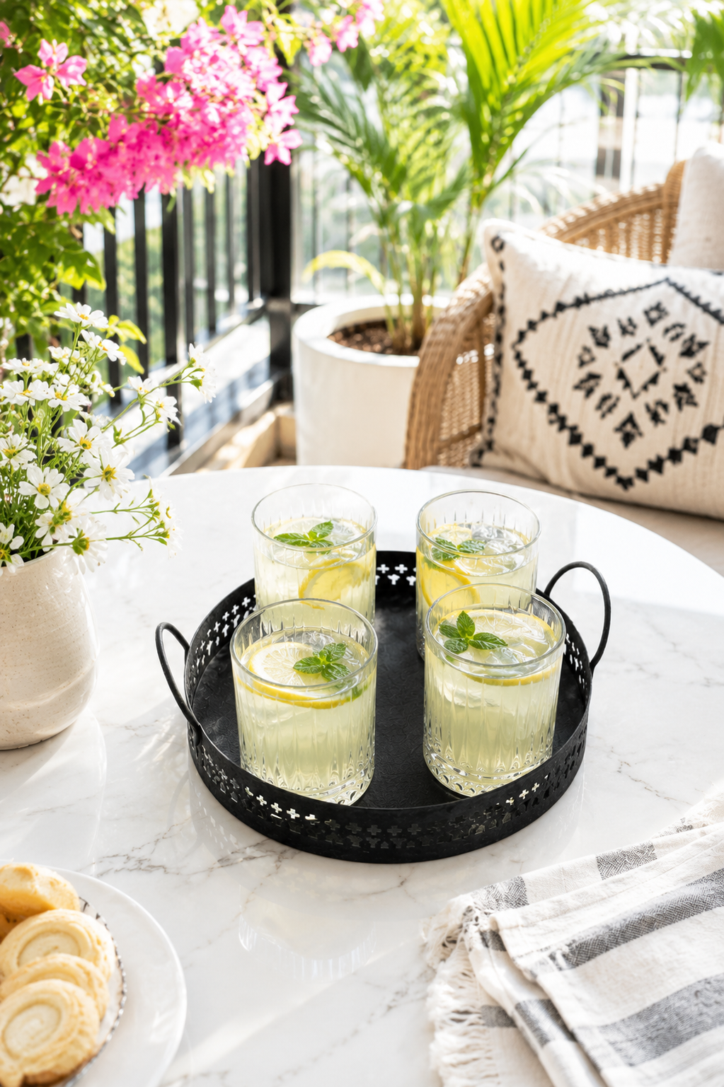 Premium Metal Serving Tray with 4 Crystal Glasses | Round Beverage Serving Set with Decorative Cutout Design & Side Handles | Tea, Juice, Water & Cocktail Glass Set for Home, Dining & Gifting