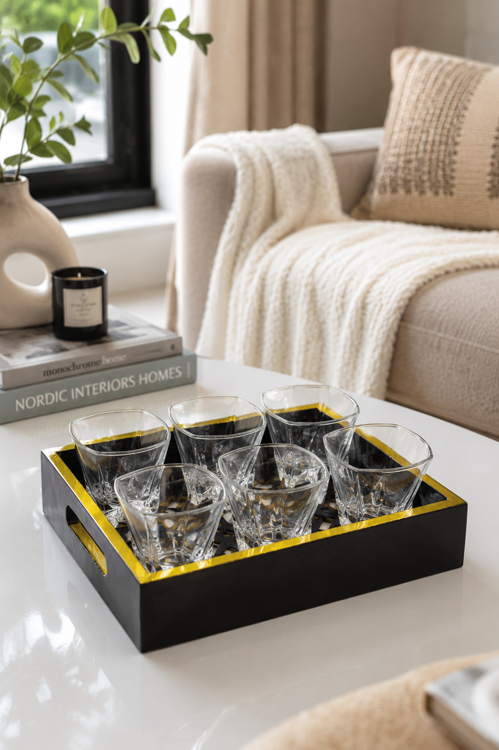 Premium Square Whiskey Glass Set with MDF Serving Tray | 6 Crystal Clear Heavy Base Drinking Glasses for Whisky, Scotch, Cocktails, Juice & Water | Elegant Drinkware Gift Set for Home Bar