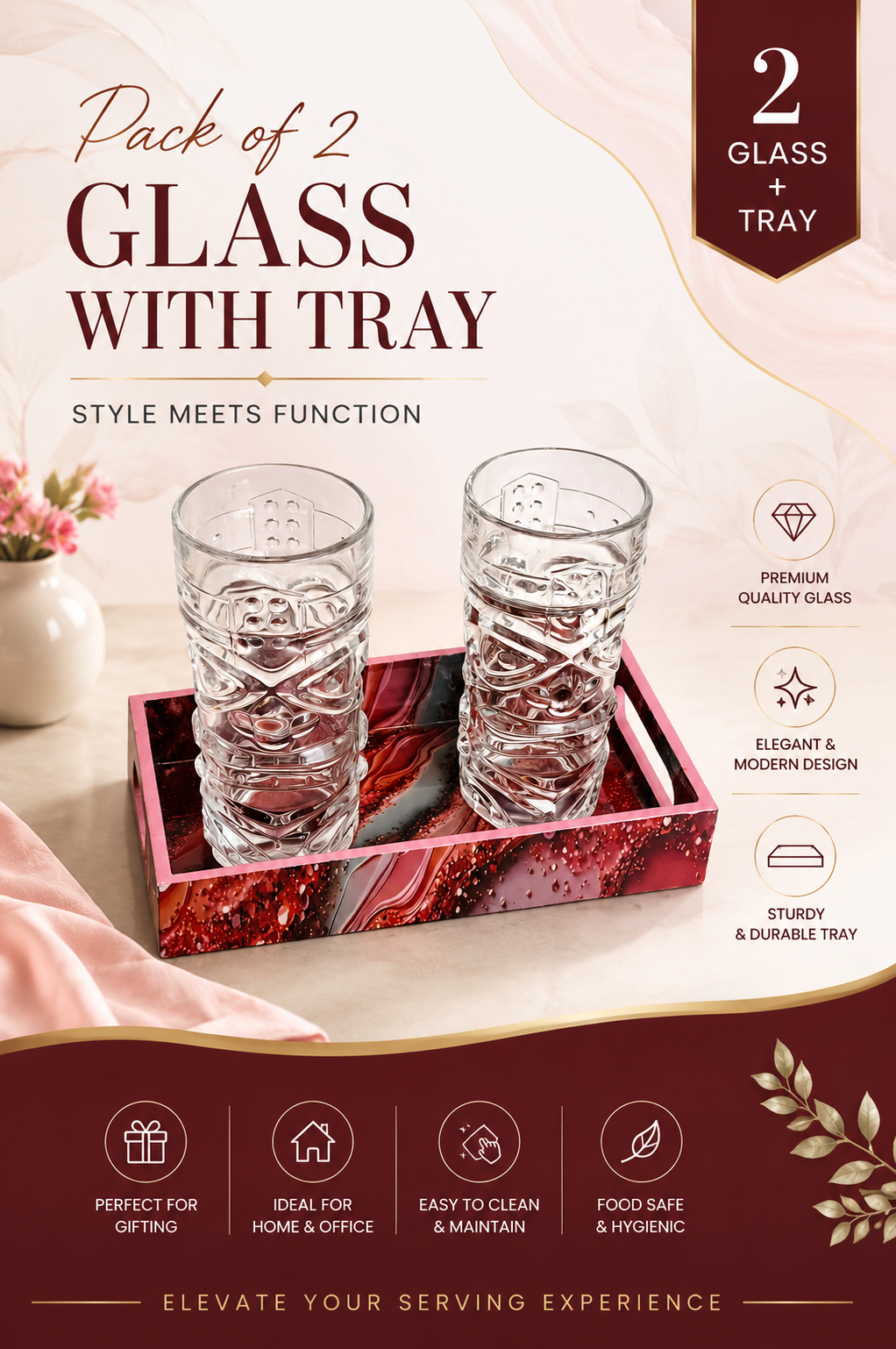 Premium Beer Glass Set with Decorative MDF Serving Tray | 2 Crystal Clear Tall Beer Glasses with Marble Finish Tray | Heavy Drinking Glasses for Beer, Juice, Soft Drinks & Home Bar Gift Set