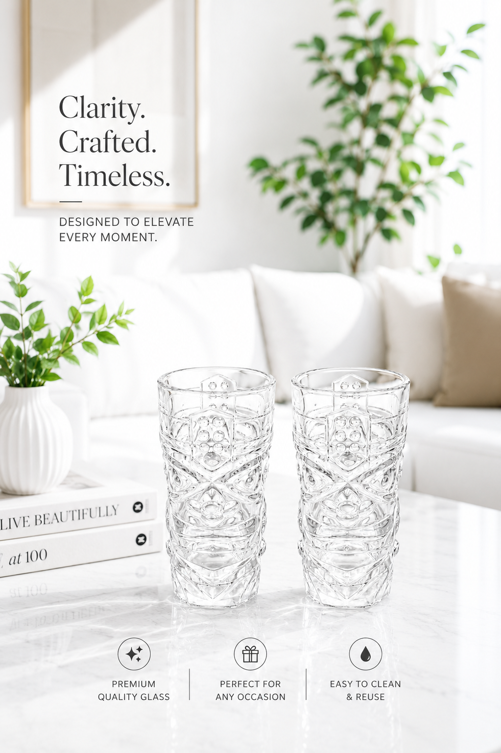 Premium Beer Glass Set with Decorative MDF Serving Tray | 2 Crystal Clear Tall Beer Glasses with Marble Finish Tray | Heavy Drinking Glasses for Beer, Juice, Soft Drinks & Home Bar Gift Set